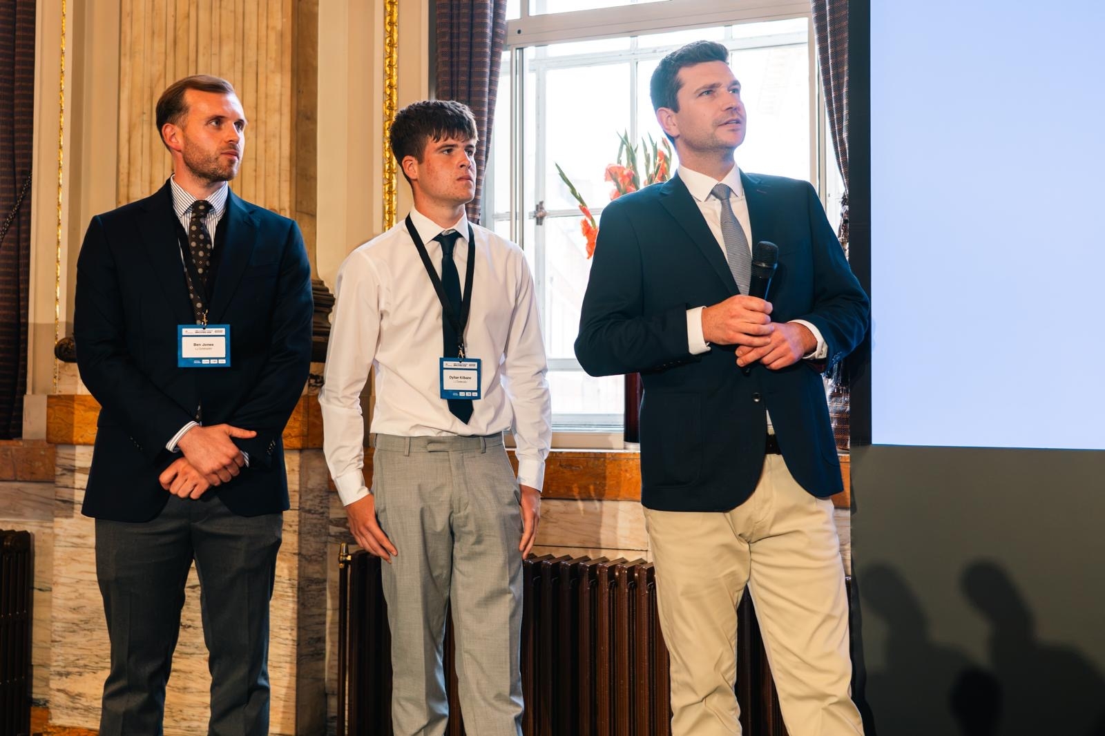 Ben Jones, Dyllan Kilbane and Kieron Sear from LJ Construction speaking at the Top Apprenticeship Employers 2026 Celebration Event