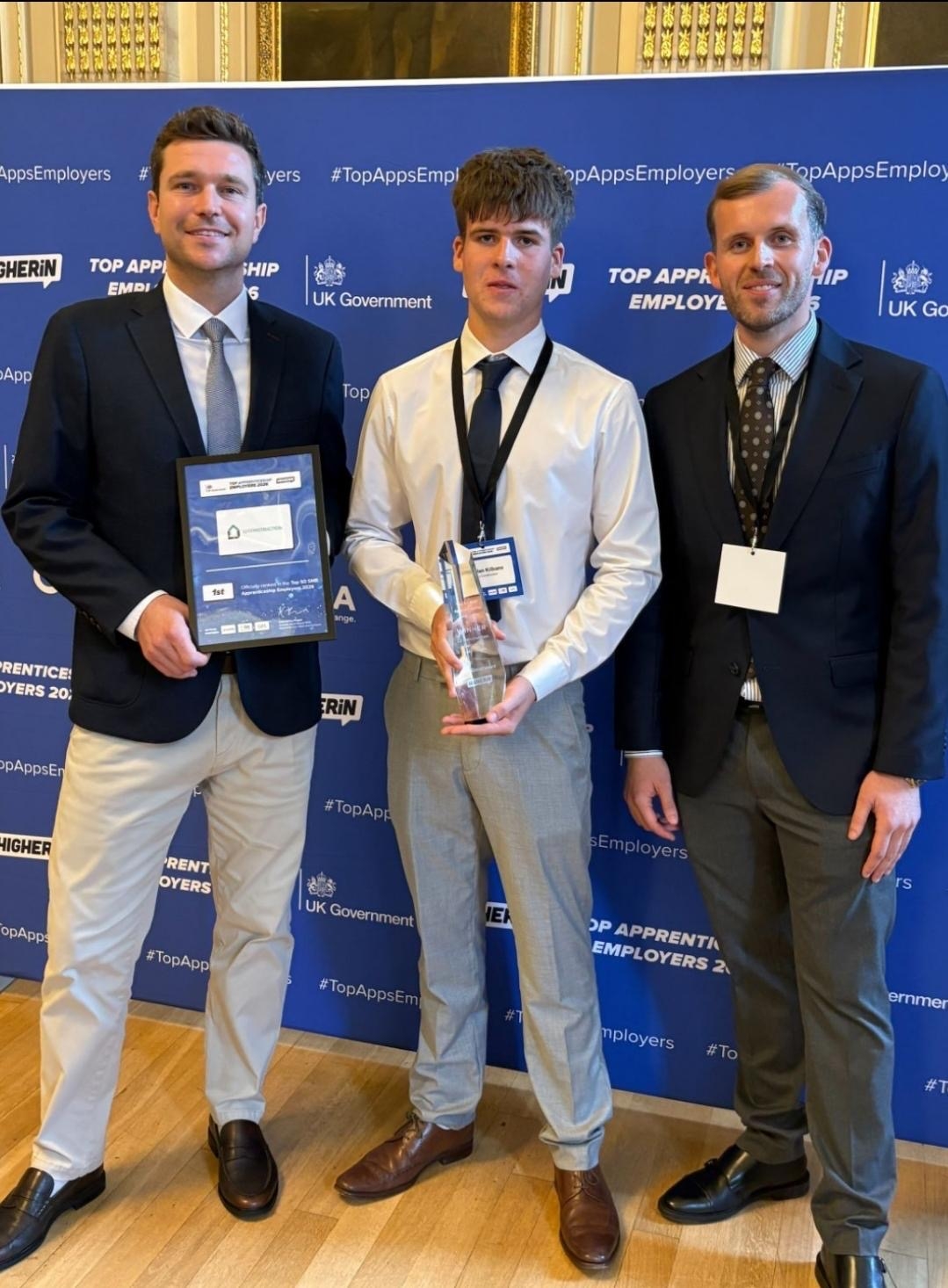 Kieron Sear, Dyllan Kilbane and Ben Jones from LJ Construction at the Top Apprenticeship Employers 2026 Celebration Event