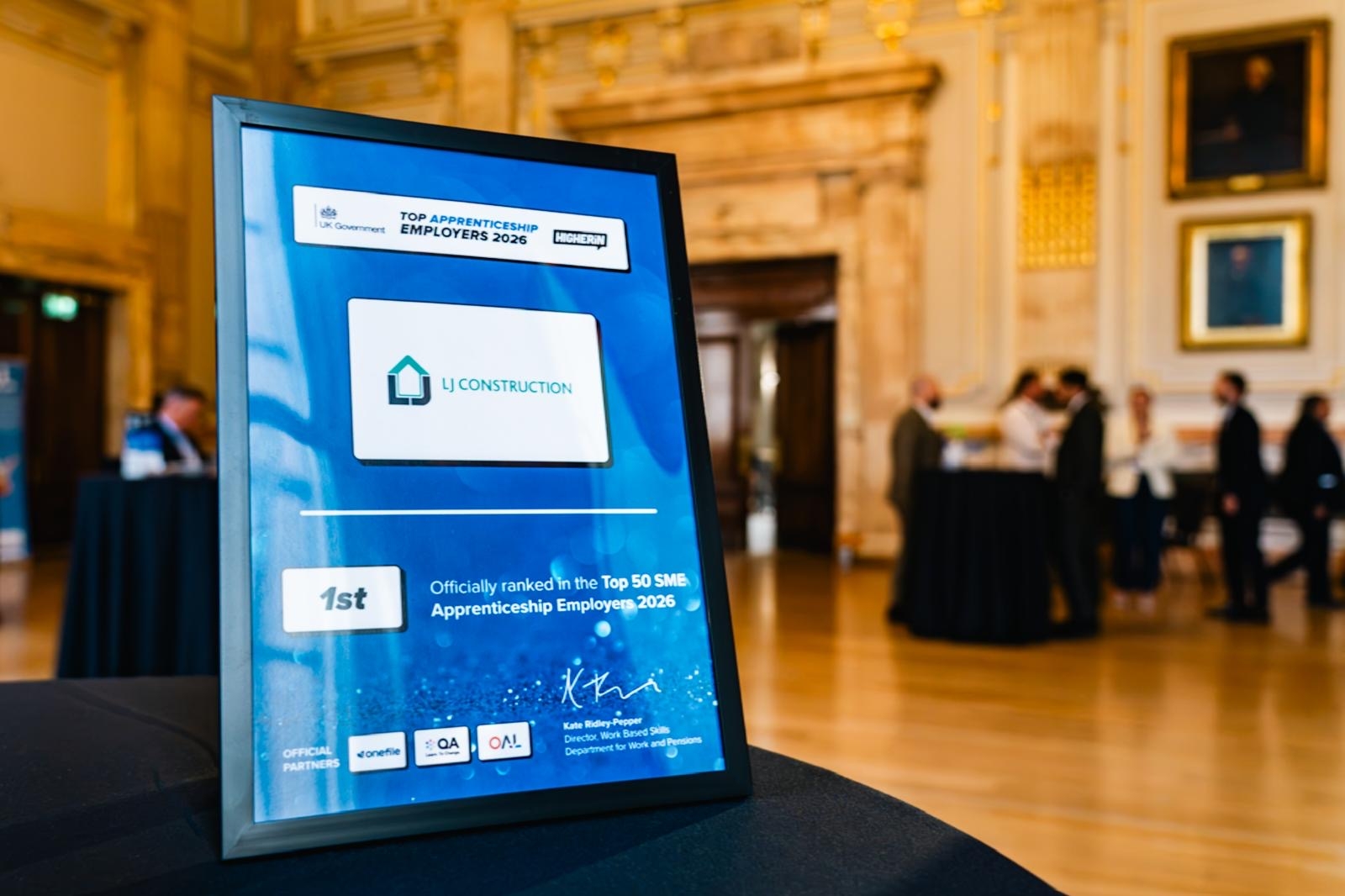 LJ Construction's certificate for being ranked 1st in the Top 50 SME Apprenticeship Employers 2026